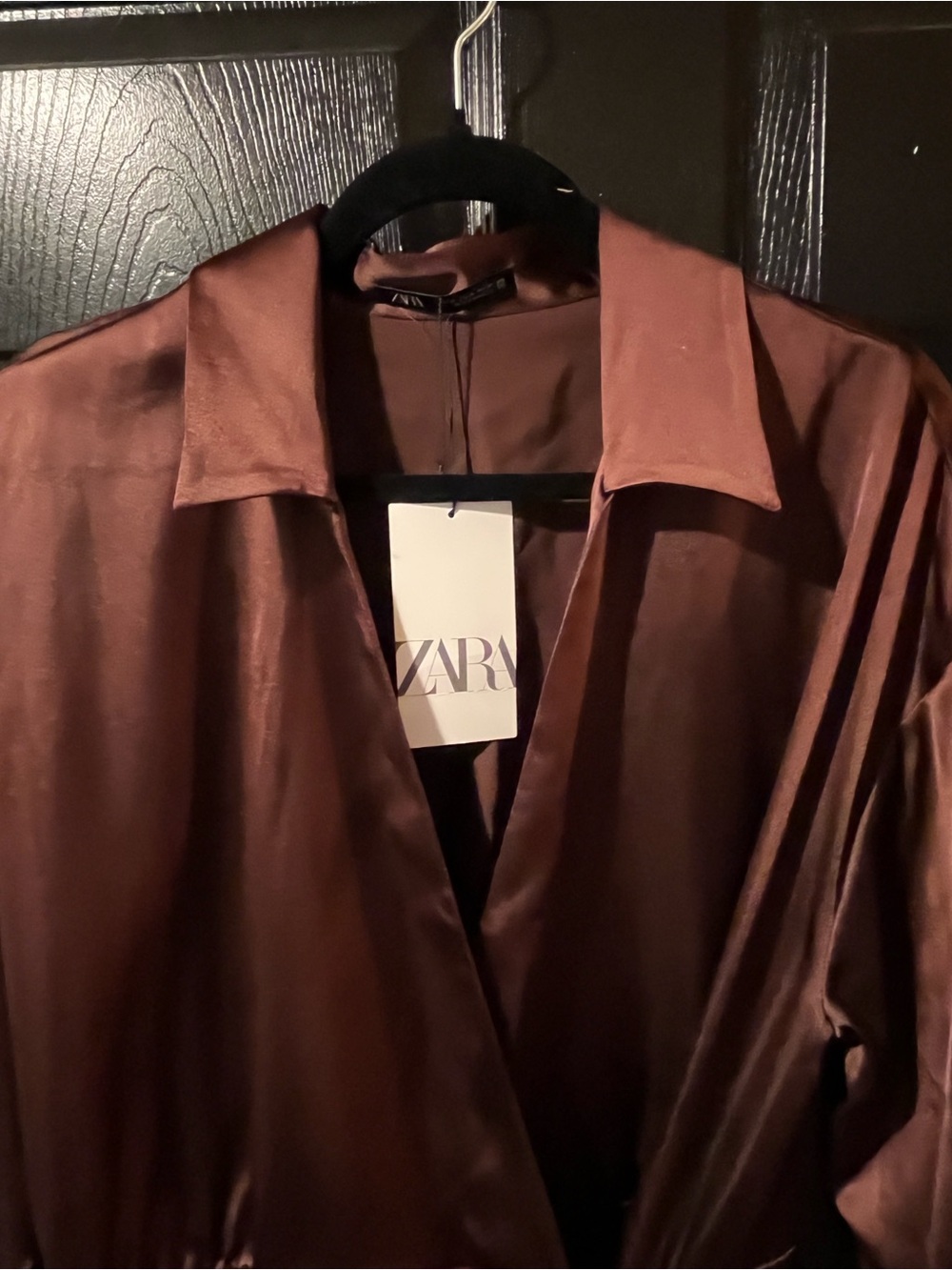 NWT Zara Satin Wrap Midi Dress in Chocolate Brown - Picture 4 of 12